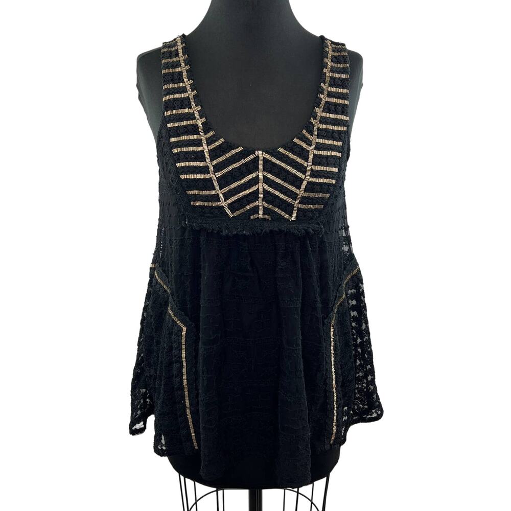 Anthropologie Vanessa Virginia Black Gold Lace Beaded Fit & Flare Tank Top XS 6